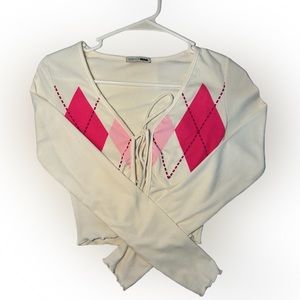 FASHIONNOVA WHITE/PINK TIE CROP TOP